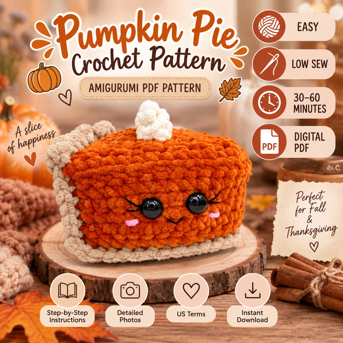 Cute pumpkin pie amigurumi crochet pattern made with plush yarn, easy low-sew fall crochet project PDF for autumn and Thanksgiving
